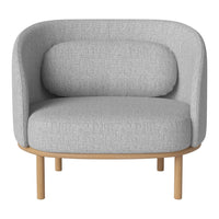 Light gray textured upholstery armchair with rounded back and wooden legs. Modern and minimalist design.