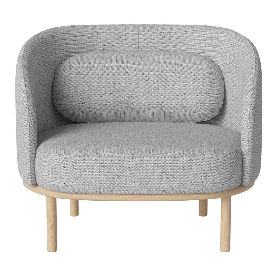 Light gray armchair with a rounded backrest and natural wood legs, featuring a textured fabric pattern.