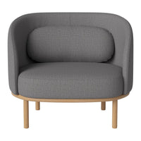 Gray upholstered chair with a round backrest and wooden legs, featuring a textured fabric pattern. Ideal for modern decor.