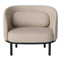 Light beige upholstered chair with textured fabric and a sleek black metal frame. Cozy and modern design.
