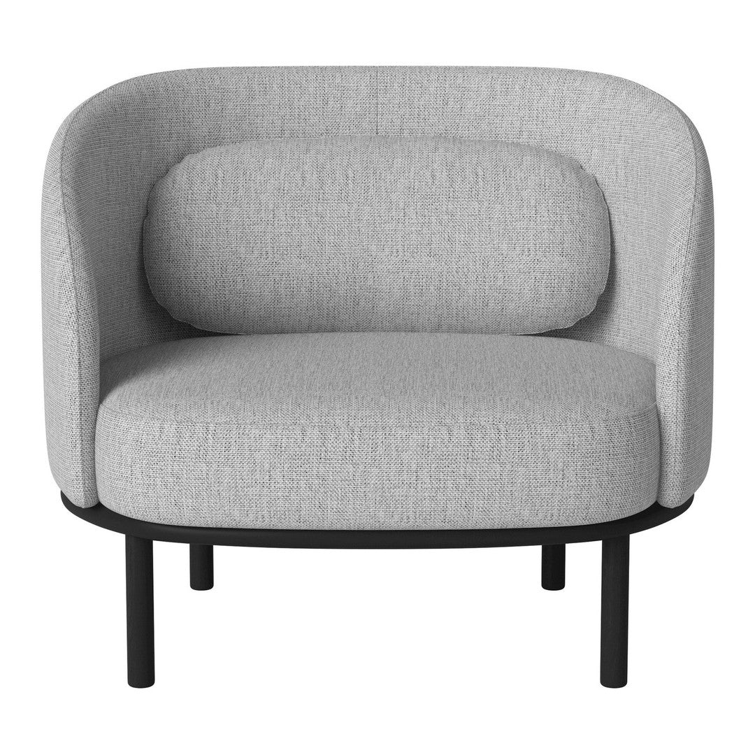 Light gray upholstered chair with rounded shape and textured fabric on a sleek black metal frame.