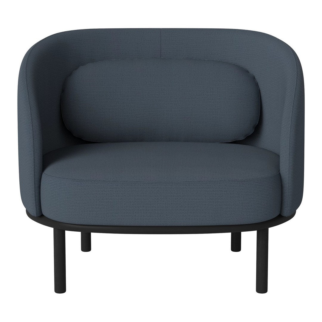 Textured dark blue armchair with a modern design, featuring smooth curves and a sleek black metal frame.
