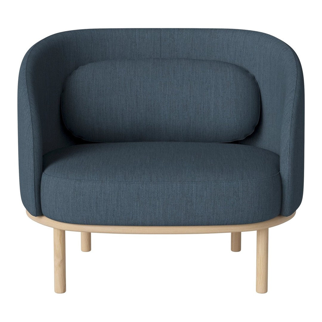 Blue upholstered chair with a smooth texture and rounded back, complemented by natural wood legs.