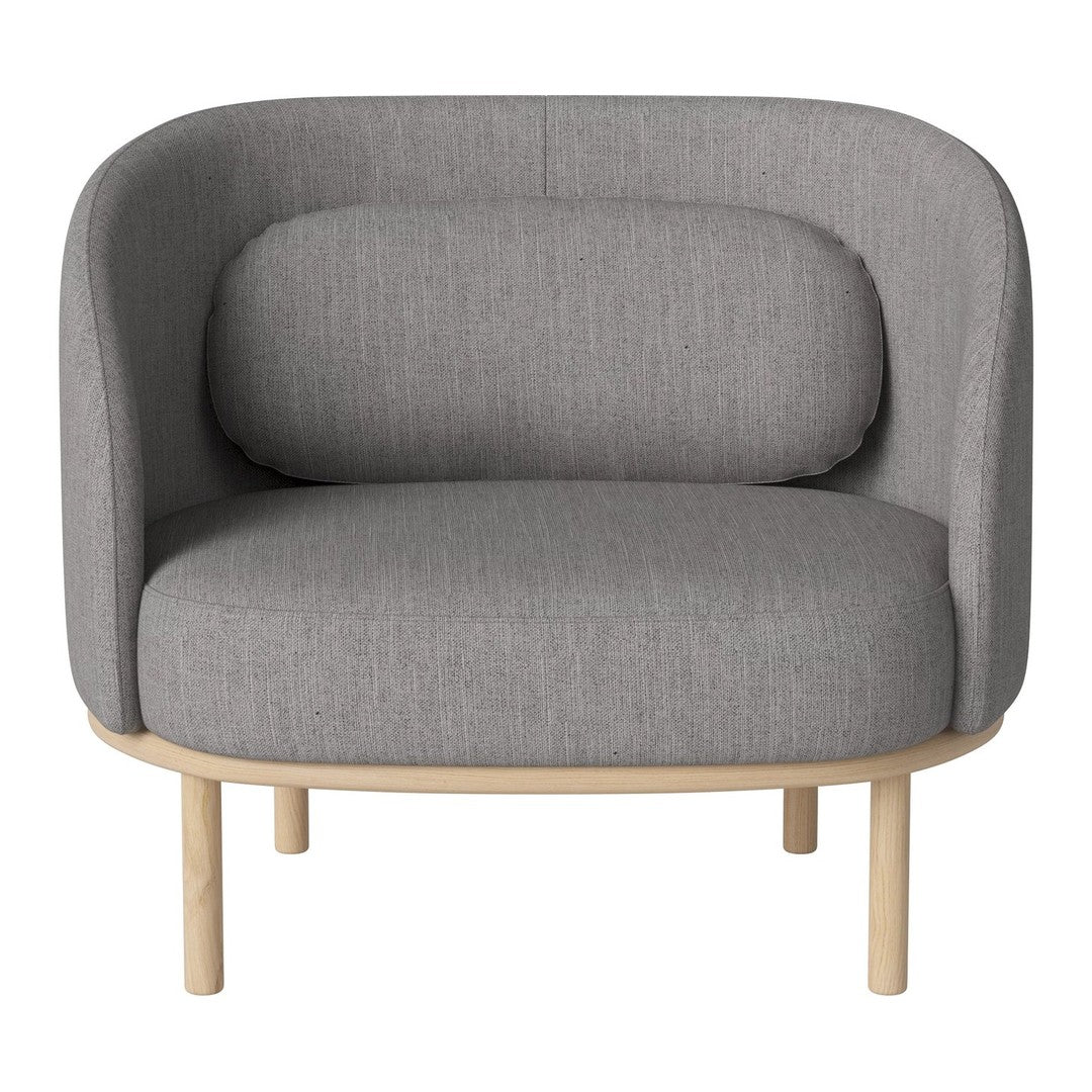 Gray fabric armchair with a rounded back and light wood legs, showcasing a minimalist design.