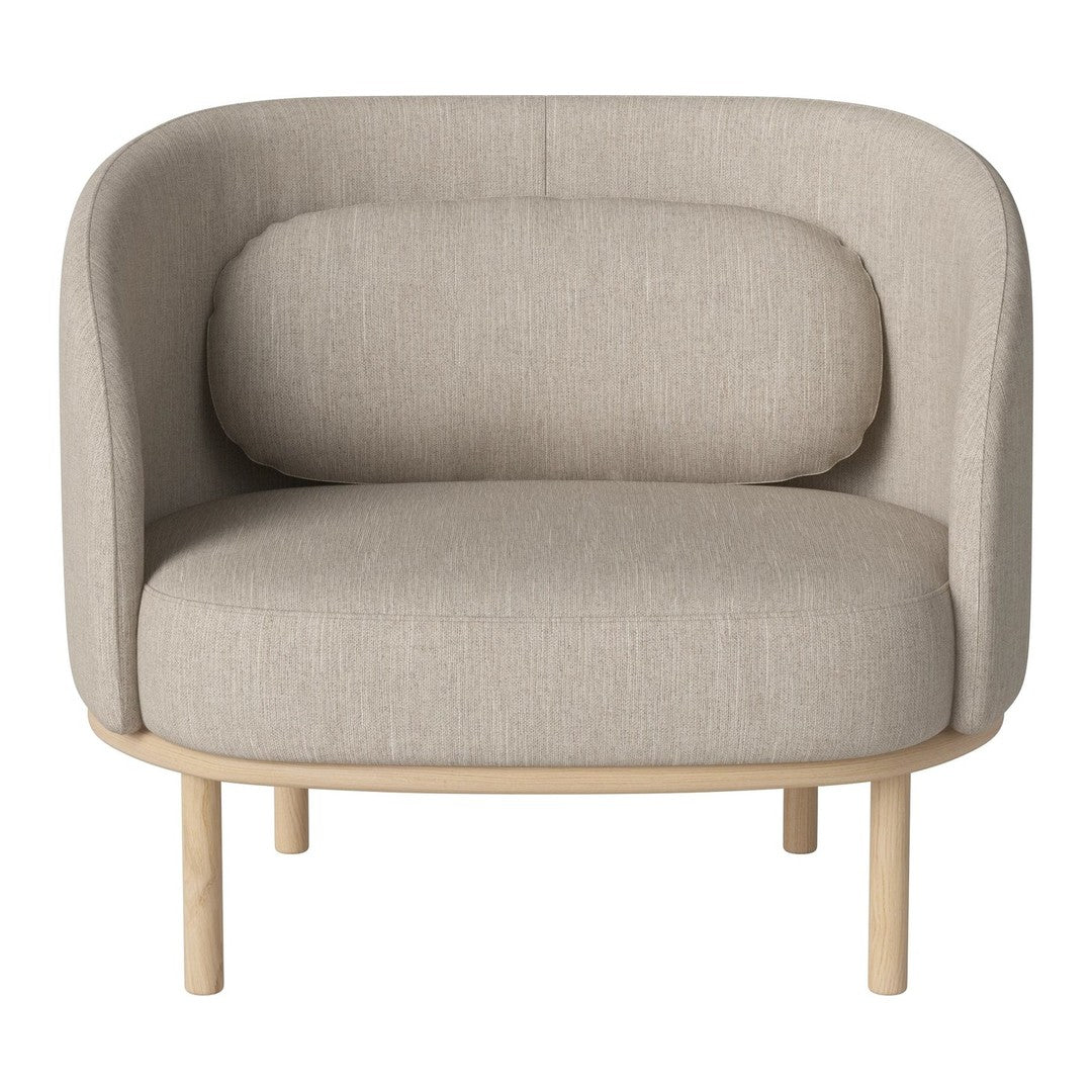 Beige upholstered chair with a smooth texture and rounded design, featuring a light wooden base.