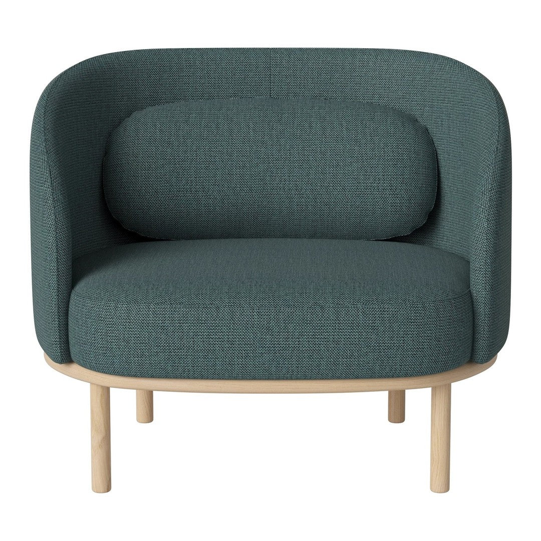 Teal upholstered chair with a textured pattern and light wooden legs, showcasing a modern and cozy design.