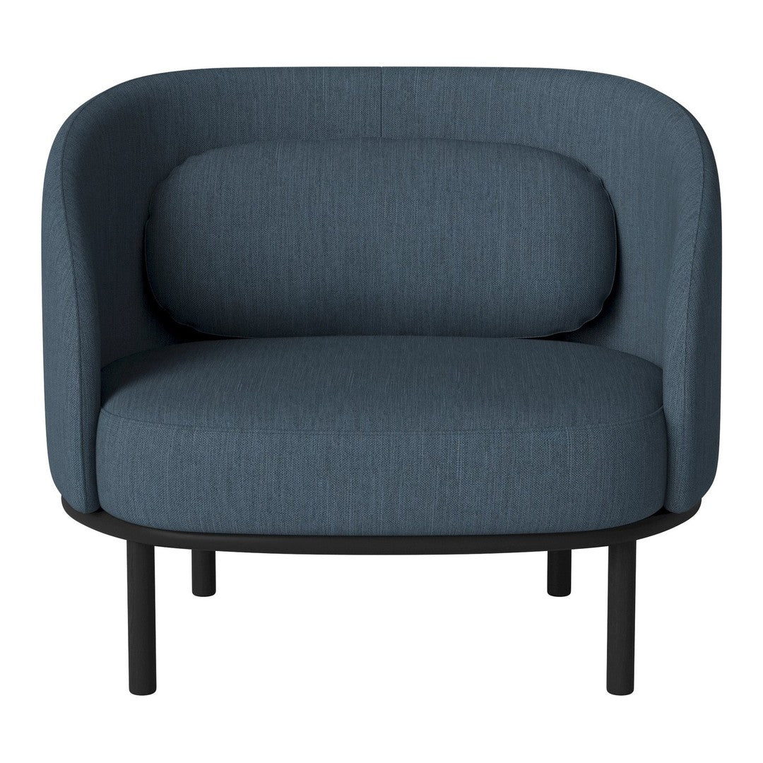 Blue upholstered chair with smooth, rounded lines and a minimalist black metal frame.