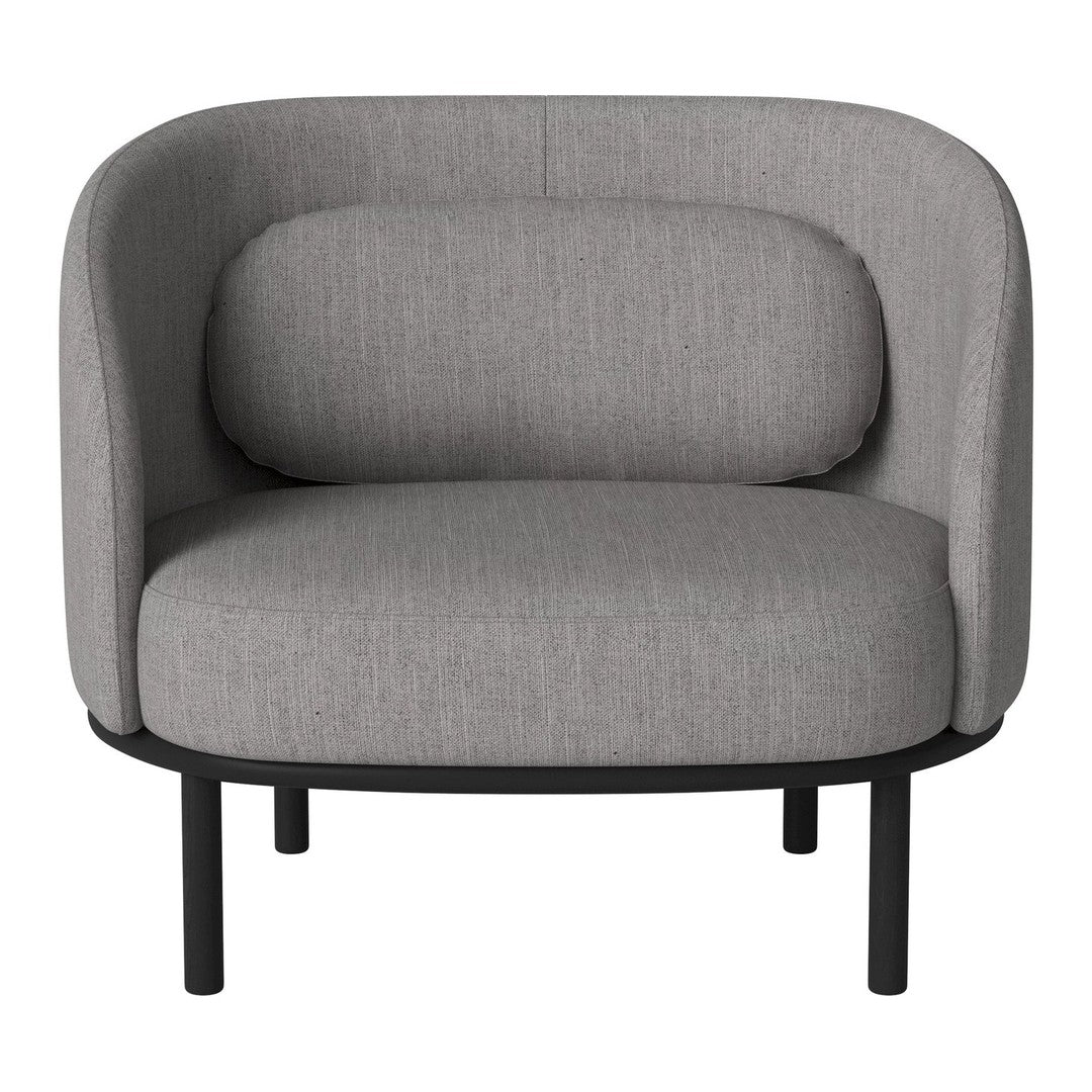 Gray upholstered chair with a rounded back and soft, textured fabric, complemented by a sleek black metal frame.