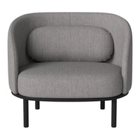 Gray upholstered chair with a rounded back and soft, textured fabric, complemented by a sleek black metal frame.