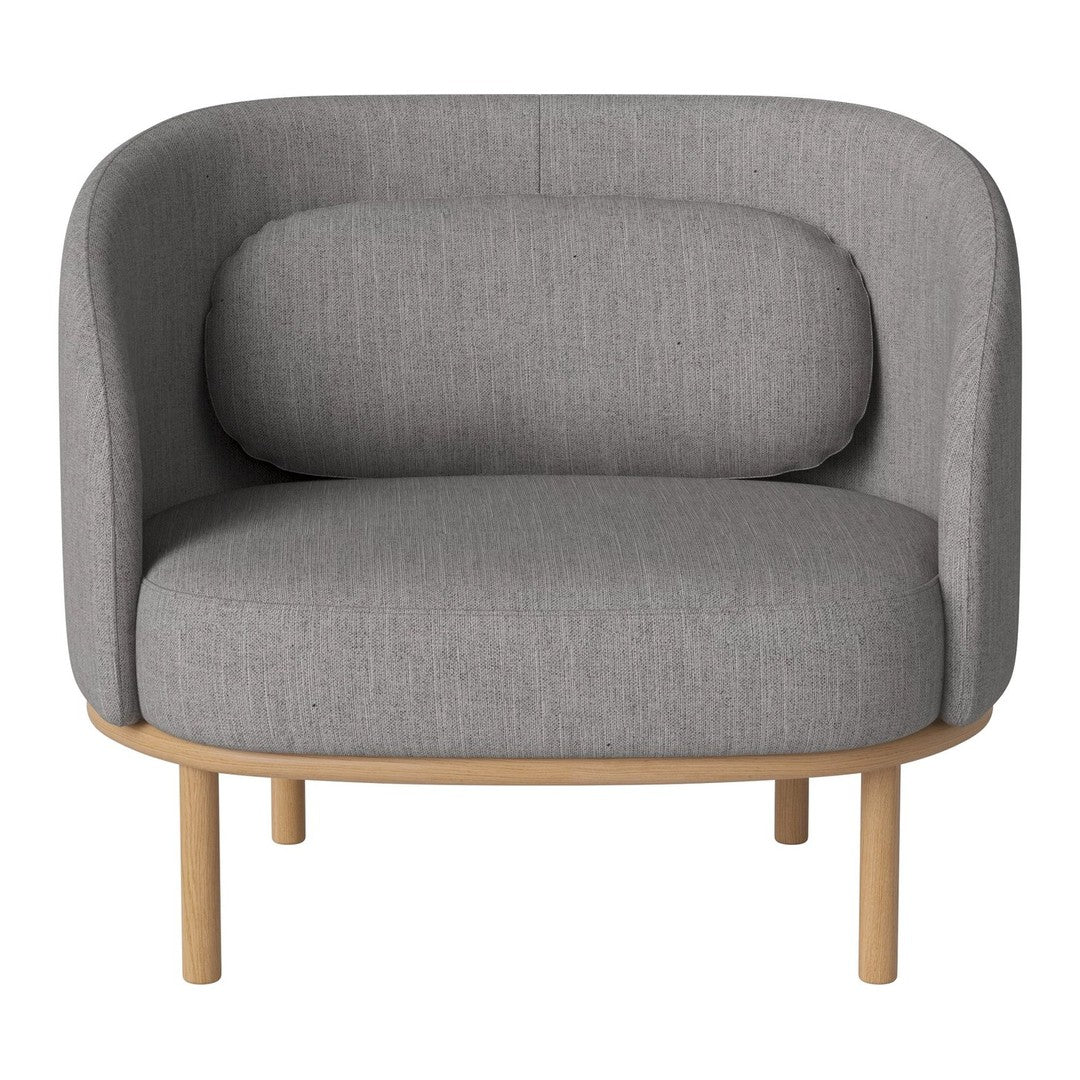 Gray upholstered armchair with a rounded shape and light wood legs, featuring a smooth, minimalist design.