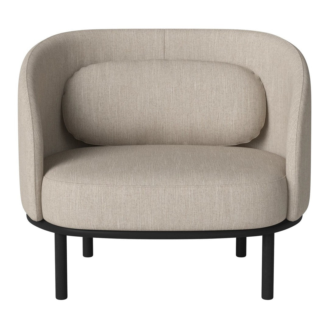 Beige upholstered chair with curved backrest and black metal frame. Simple, modern design without patterns.