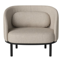 Beige upholstered chair with curved backrest and black metal frame. Simple, modern design without patterns.