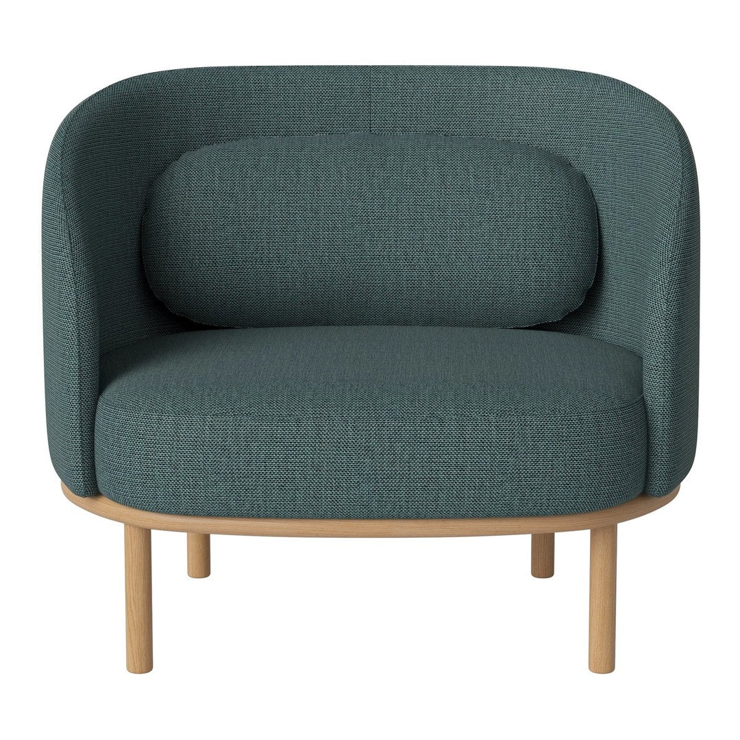 Teal upholstered armchair with a textured pattern and light wooden legs, perfect for modern decor.