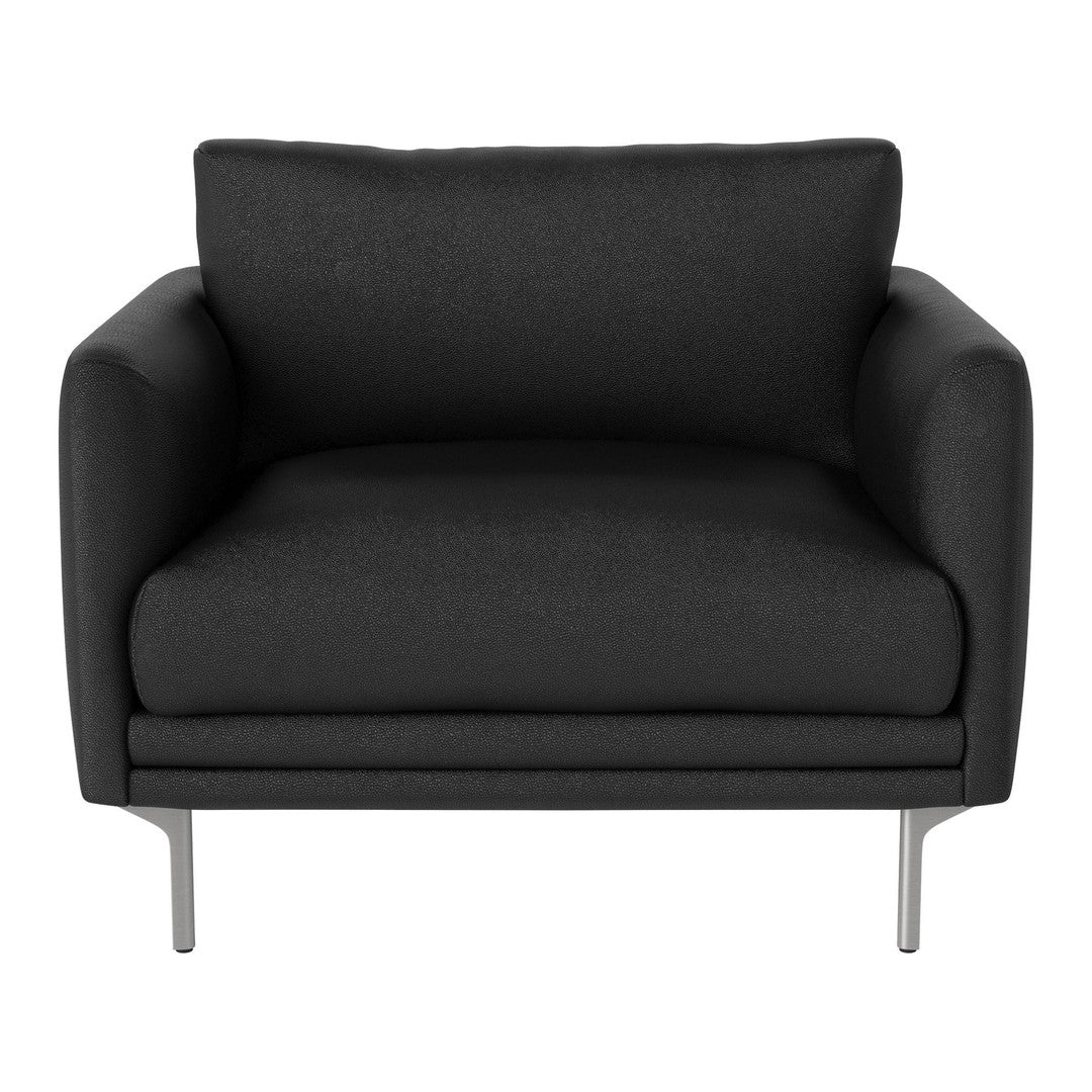 Black upholstered armchair with sleek silver legs, featuring a smooth, modern design and subtle texture.