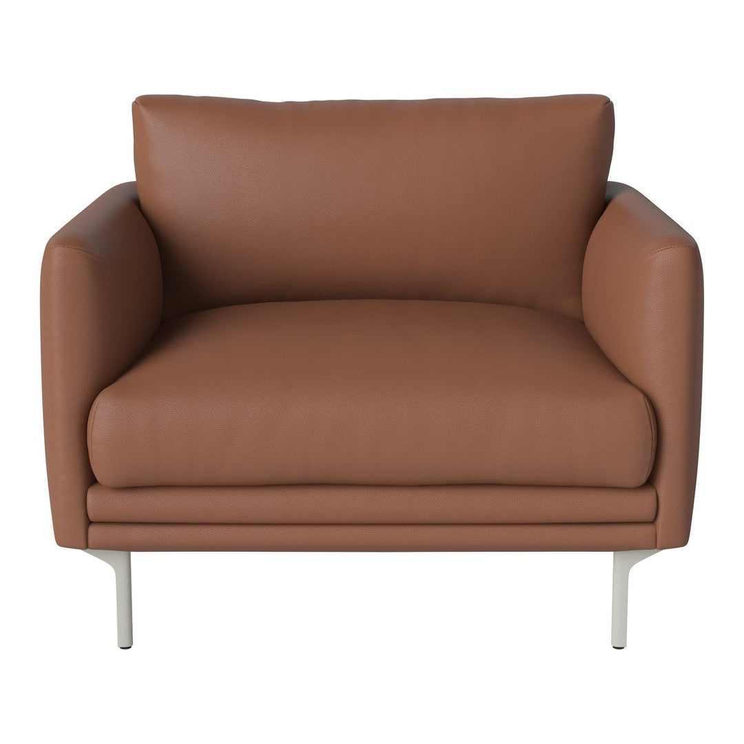 Brown leather armchair with minimalist design and sleek silver legs. Modern and stylish seating option.