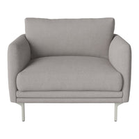Gray upholstered chair with a modern, minimalist design and sleek metal legs. Perfect for contemporary interiors.