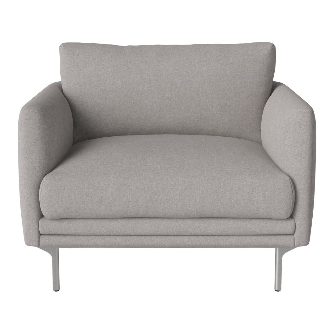 Light gray upholstered chair with plush cushions and sleek silver legs, complementing modern decor.
