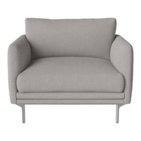 Light gray upholstered chair with plush cushions and sleek silver legs, complementing modern decor.