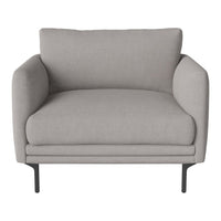 Gray upholstered armchair with a minimalist design and soft, smooth texture on metal legs.