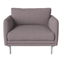 Soft lavender armchair with smooth upholstery and sleek silver legs. Stylish and modern for any living space.