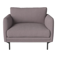 Modern light gray armchair with smooth fabric and a sleek black metal frame, perfect for minimalist decor.
