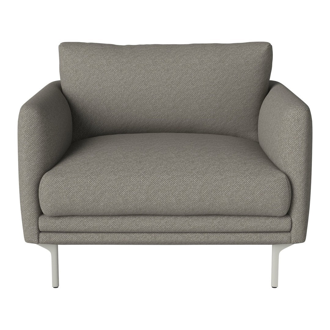 Gray upholstered armchair with a smooth texture and contemporary design, featuring minimalist silver legs.