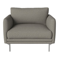 Gray upholstered chair with a smooth, minimalist design and soft texture, featuring sleek metal legs.