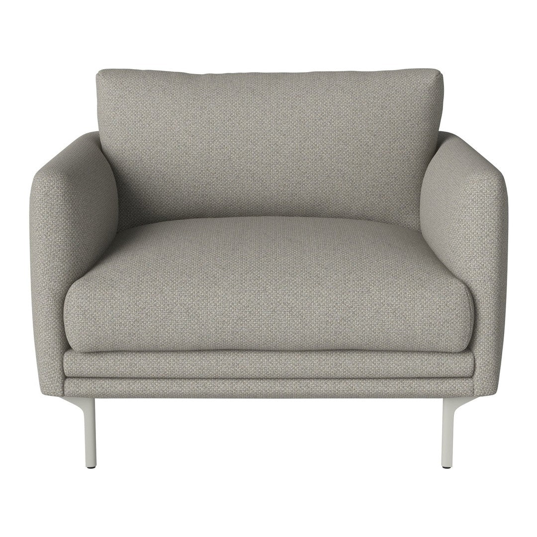 Light gray upholstered armchair with a smooth, solid pattern and sleek metal legs. Perfect for modern decor.