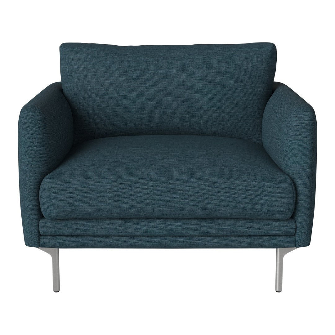Teal upholstered armchair with a sleek, minimalist design and stylish metal legs. Perfect for modern decor.
