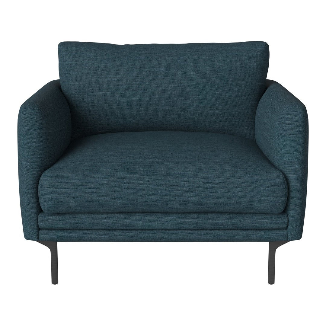 Teal upholstered armchair with a smooth texture and modern black metal legs. Perfect for stylish living spaces.