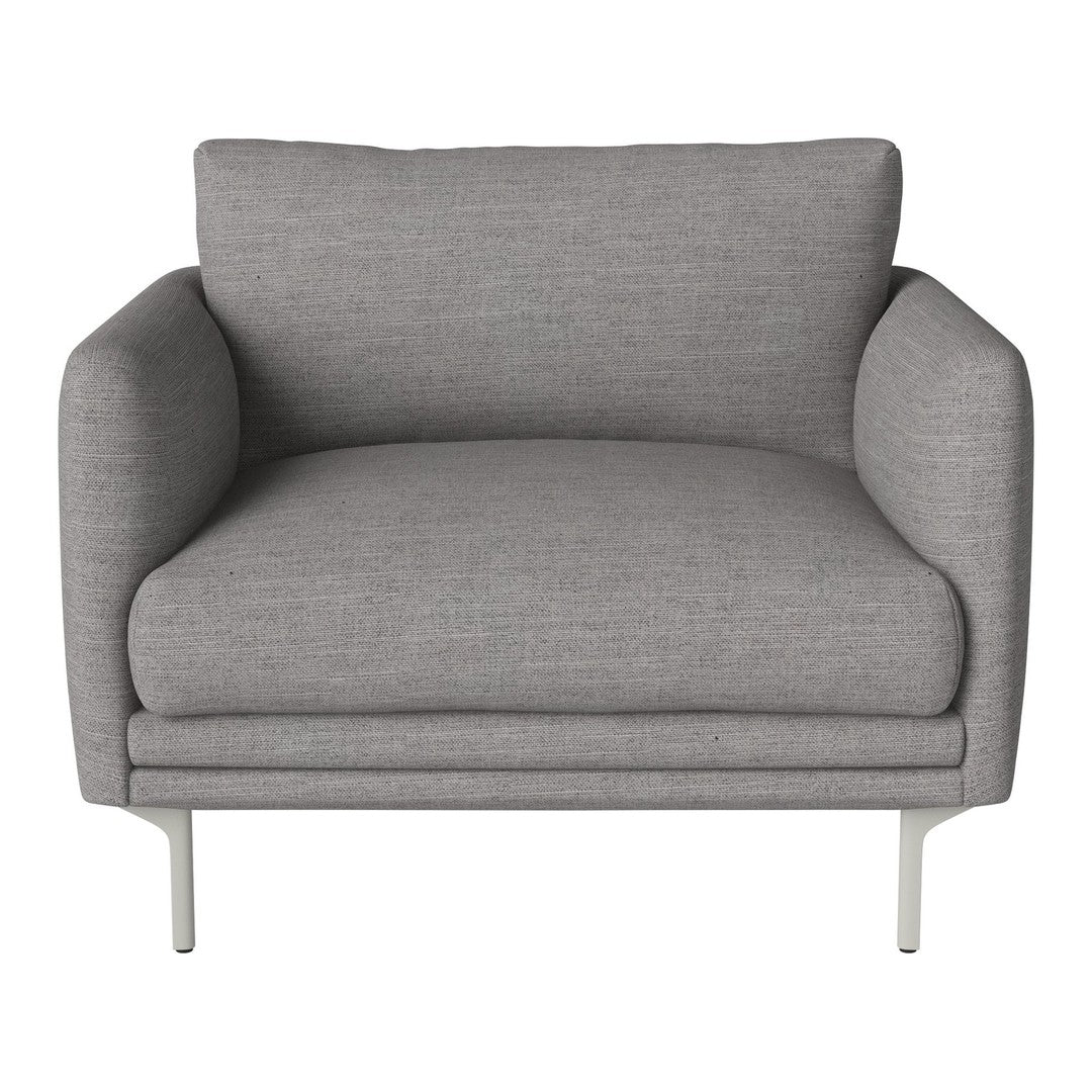 Gray upholstered armchair with a minimalist design and sleek silver metal legs. Perfect for modern decor.