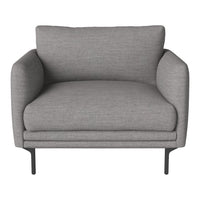 Gray upholstered armchair with smooth fabric texture and sleek black metal legs. Modern, minimalist design.
