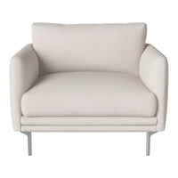 Cream-colored modern armchair with smooth fabric and minimalist design, featuring sleek metal legs.