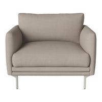 Beige upholstered armchair with smooth, minimalist design and sleek silver legs. Perfect for modern interiors.