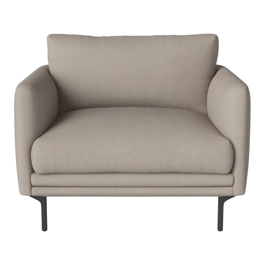Beige upholstered armchair with smooth fabric and minimalist black metal legs. Contemporary design for modern living spaces.