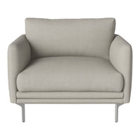 Light beige armchair with smooth fabric and modern metal legs, showcasing a minimalist design.