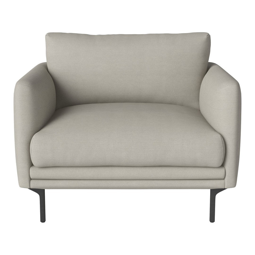 Light gray modern armchair with smooth fabric and minimalist design, featuring sleek black metal legs.