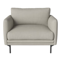 Light gray modern armchair with smooth fabric and minimalist design, featuring sleek black metal legs.