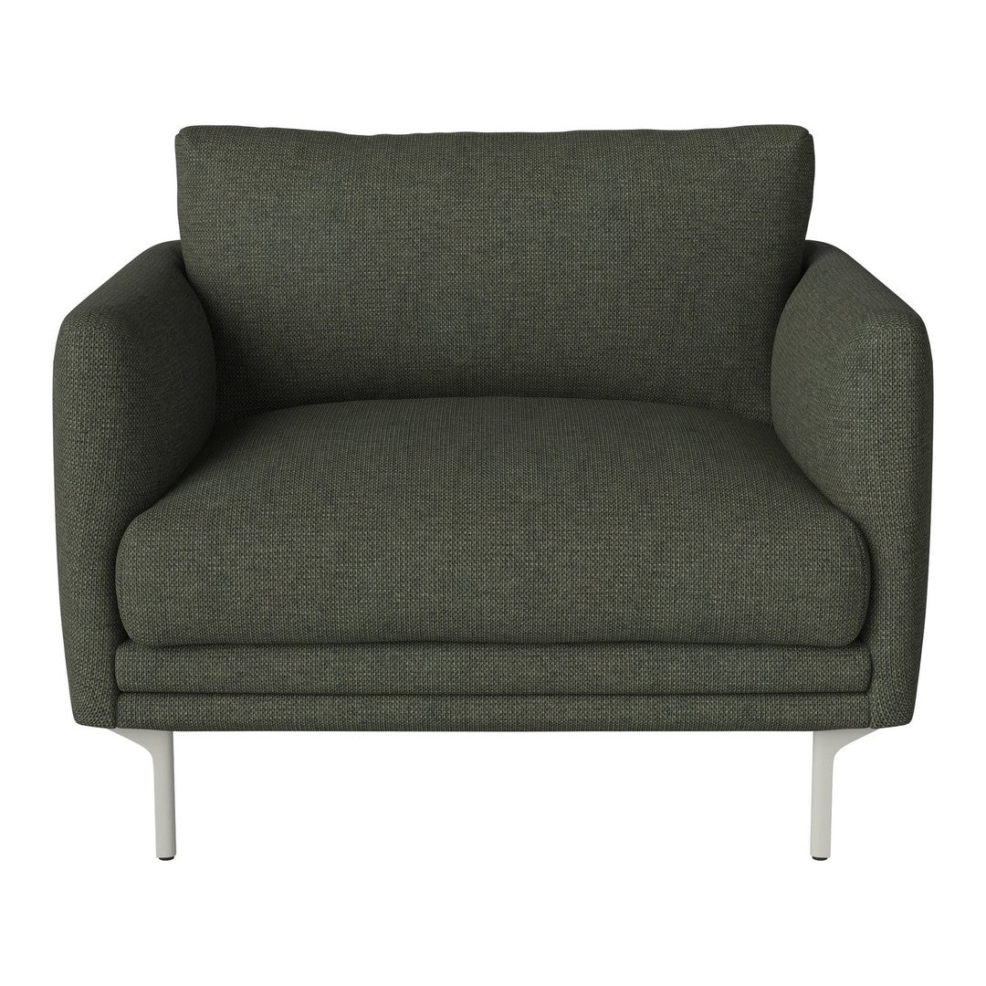 Olive green upholstered armchair with a textured pattern and sleek metal legs. Ideal for modern living spaces.
