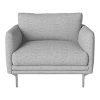 Gray upholstered armchair with a smooth texture and minimalist design featuring clean lines and tapered metal legs.