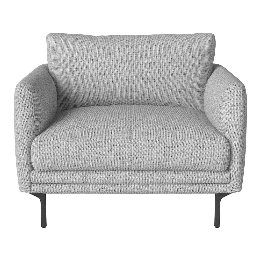 Modern gray armchair with a textured, woven pattern and sleek black metal legs. Perfect for contemporary decor.