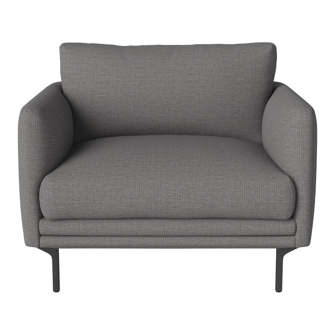 Gray upholstered armchair with a textured pattern and sleek black metal legs. Ideal for modern living spaces.