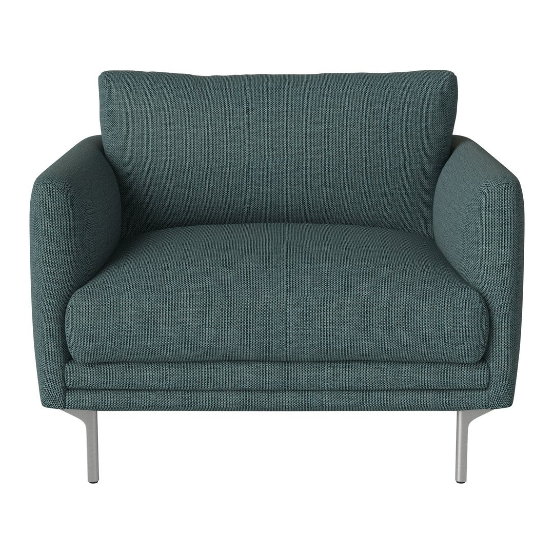 Teal upholstered chair with a textured pattern and sleek metal legs, perfect for modern decor.
