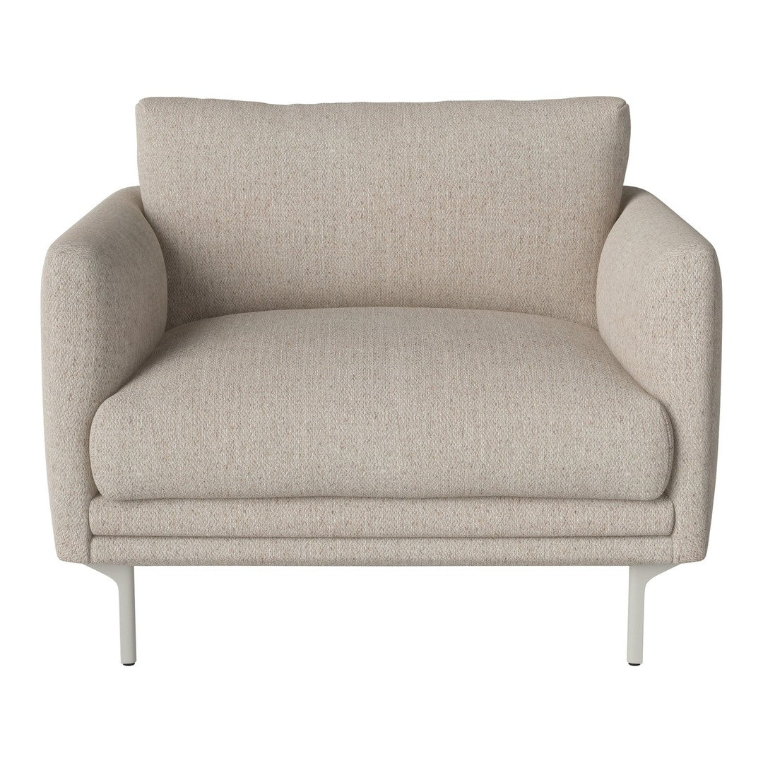 Beige upholstered armchair with a textured fabric and sleek metal legs, perfect for modern decor.