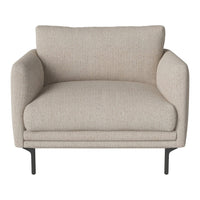Beige upholstered armchair with textured fabric and black metal legs, offering a modern, minimalistic design.