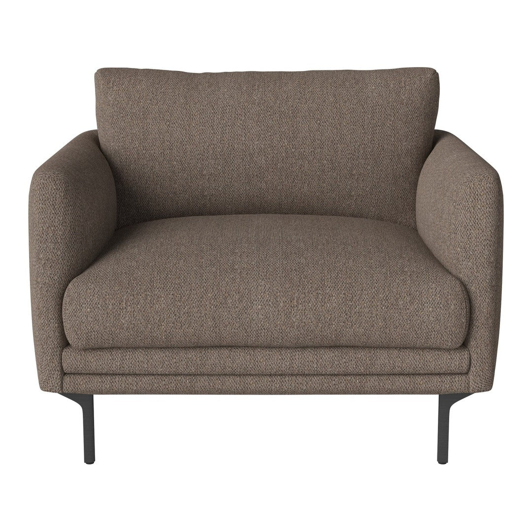 Brown upholstered armchair with a smooth, textured fabric and simple, modern design featuring sleek black legs.