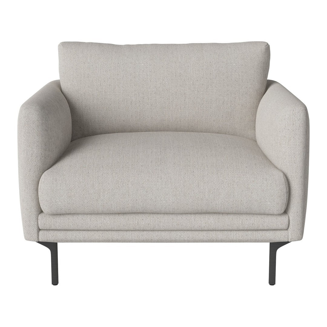 Light gray upholstered armchair with a smooth texture and minimalist design, featuring simple black metal legs.