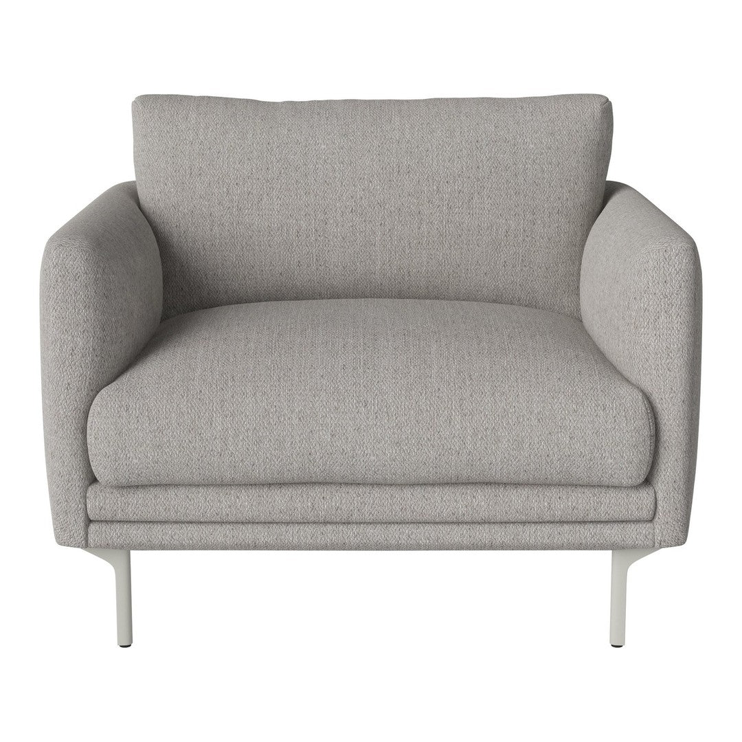 Light gray upholstered armchair with a smooth texture and minimalist design on sleek metal legs.