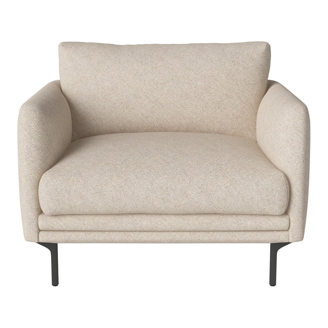 Cream-colored upholstered chair with a smooth texture and minimalist design, featuring black metal legs.