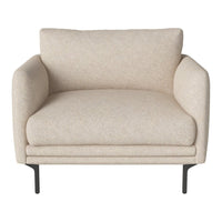 Cream-colored upholstered chair with a smooth texture and minimalist design, featuring black metal legs.